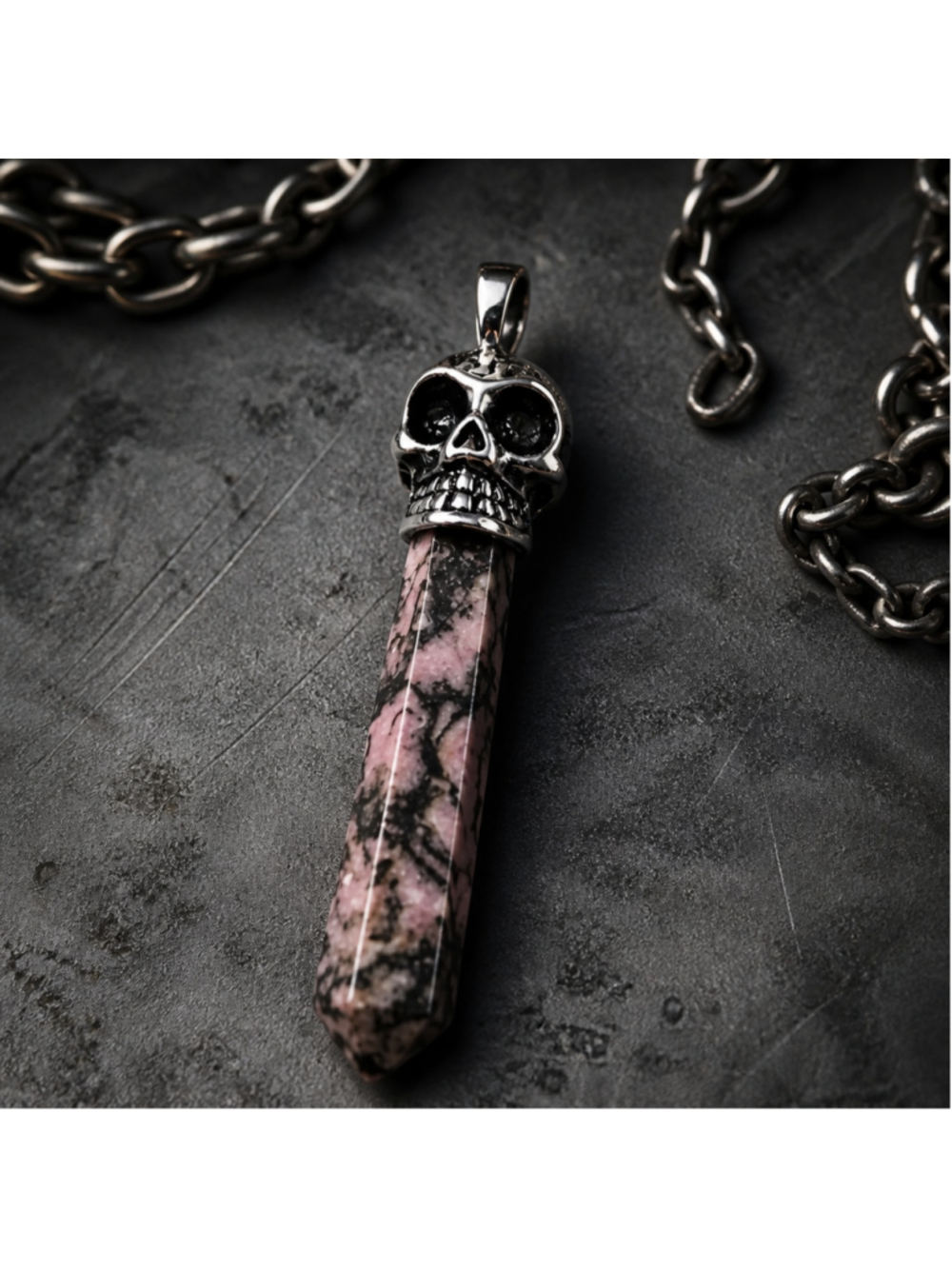 Pink Tourmaline Crystal Stone Skull Pendant Pink Black Silver Punk Biker Goth